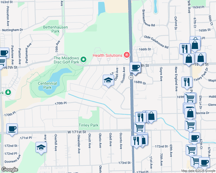 map of restaurants, bars, coffee shops, grocery stores, and more near 16800 Odell Avenue in Tinley Park