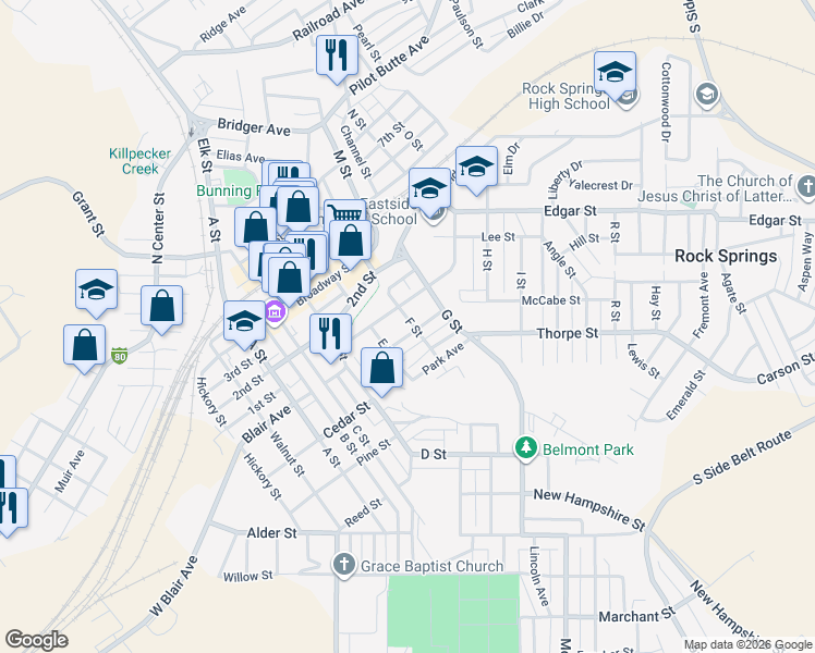 map of restaurants, bars, coffee shops, grocery stores, and more near 710 Gobel Street in Rock Springs