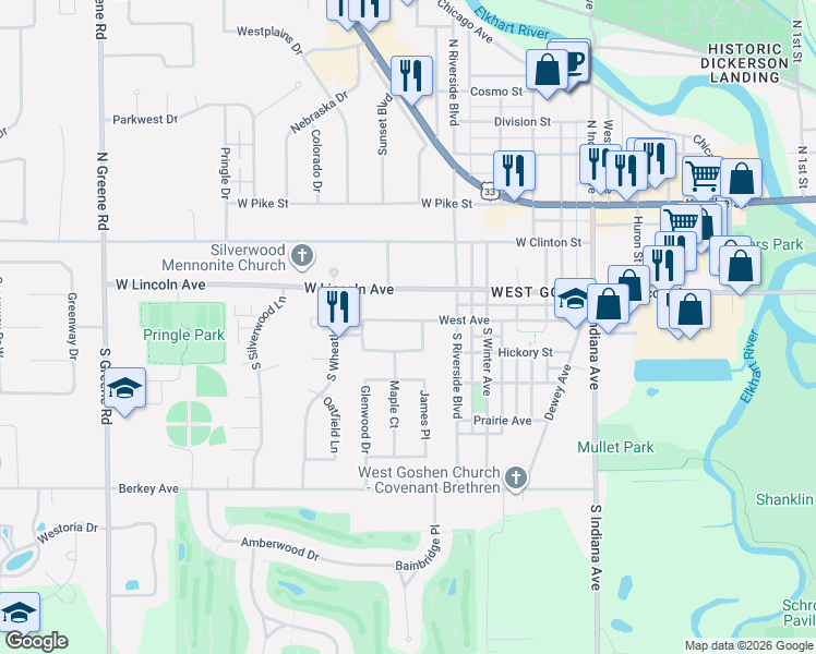 map of restaurants, bars, coffee shops, grocery stores, and more near 1504 Goshen Avenue in Elkhart