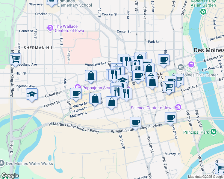 map of restaurants, bars, coffee shops, grocery stores, and more near 1003 Locust Street in Des Moines