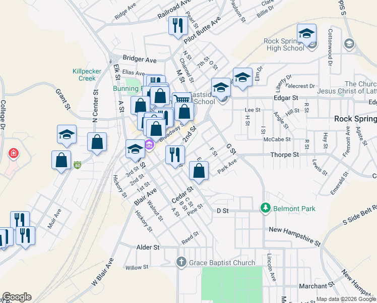 map of restaurants, bars, coffee shops, grocery stores, and more near 517 2nd St in Rock Springs
