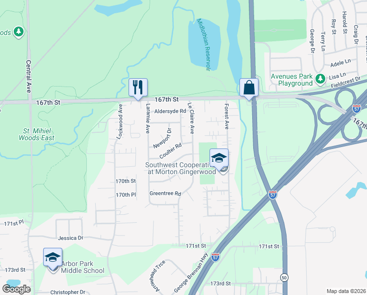 map of restaurants, bars, coffee shops, grocery stores, and more near 16824 Meadowdale Drive in Oak Forest