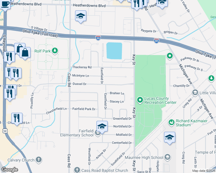 map of restaurants, bars, coffee shops, grocery stores, and more near 621 Dussel Drive in Maumee