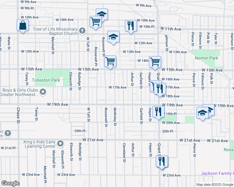 map of restaurants, bars, coffee shops, grocery stores, and more near 1731 McKinley Street in Gary