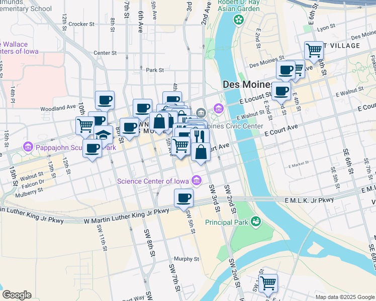 map of restaurants, bars, coffee shops, grocery stores, and more near 209 4th Street in Des Moines