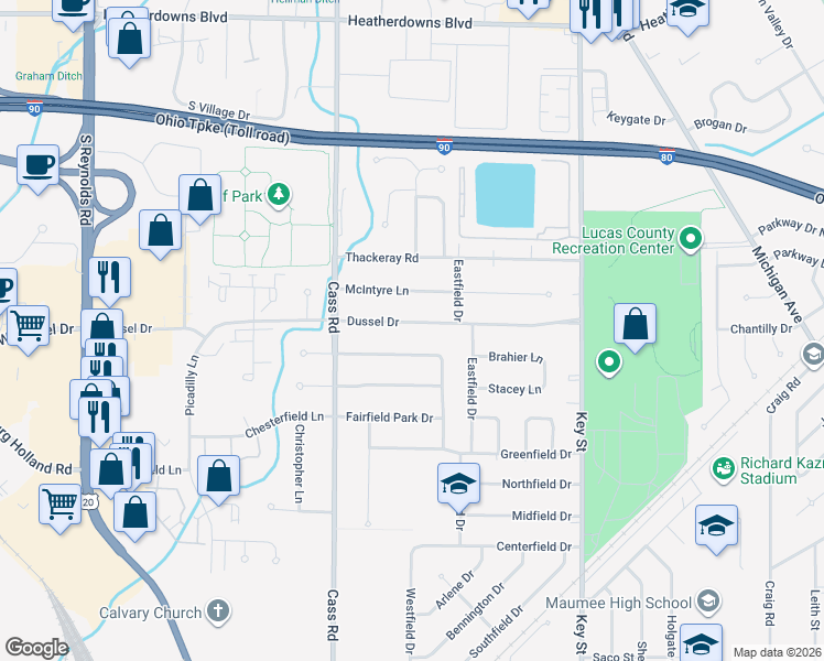 map of restaurants, bars, coffee shops, grocery stores, and more near 537 Dussel Drive in Maumee