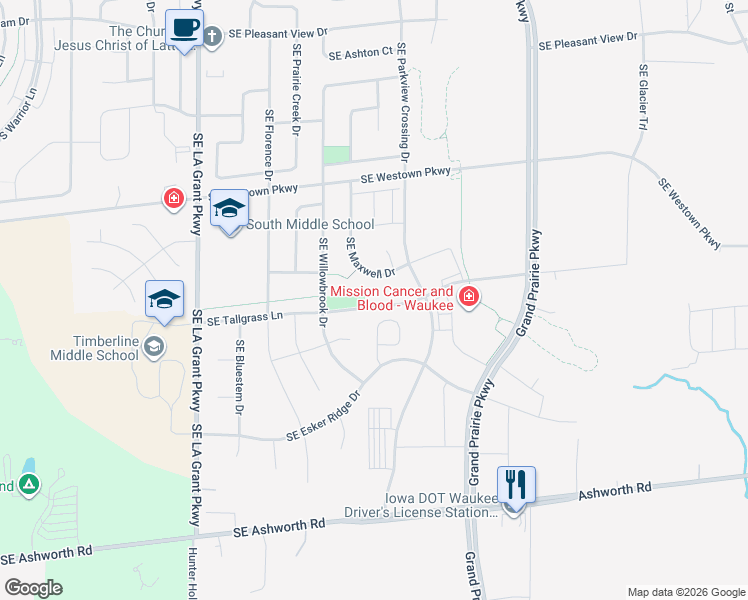 map of restaurants, bars, coffee shops, grocery stores, and more near 670 Southeast Maxwell Drive in Waukee