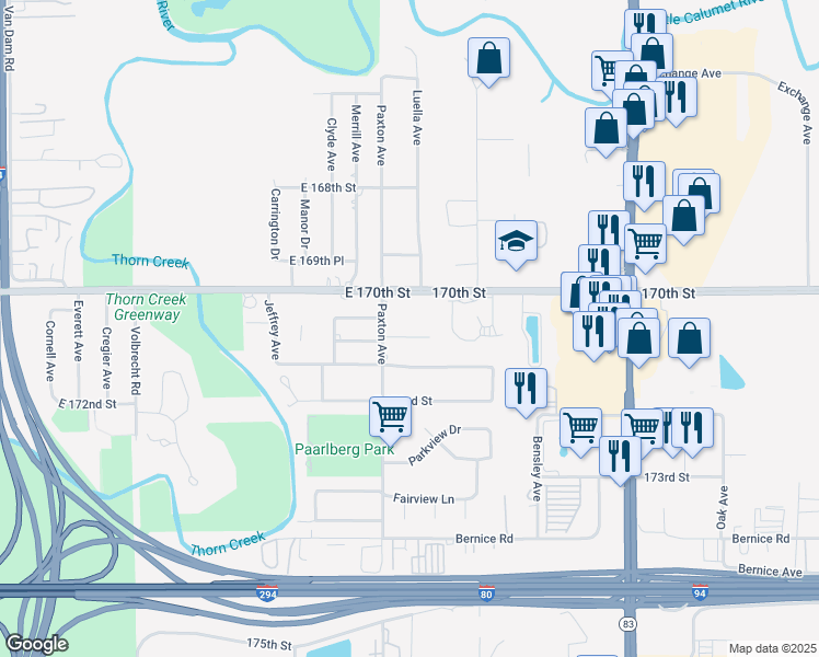 map of restaurants, bars, coffee shops, grocery stores, and more near 2045 East 170th Street in South Holland