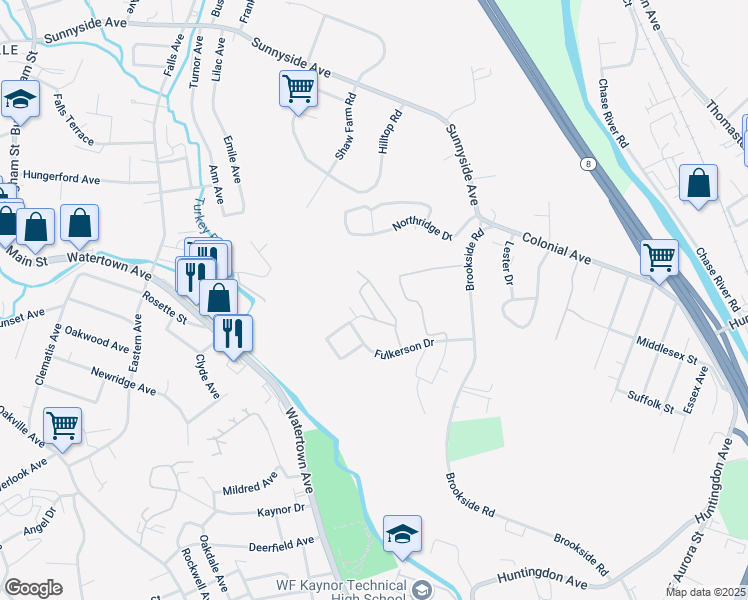 map of restaurants, bars, coffee shops, grocery stores, and more near 43 Fulkerson Drive in Waterbury