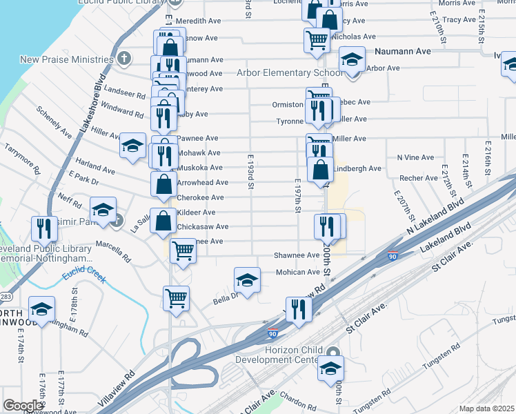 map of restaurants, bars, coffee shops, grocery stores, and more near 19307 Cherokee Avenue in Cleveland