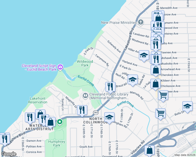 map of restaurants, bars, coffee shops, grocery stores, and more near 812 Hoover Road in Cleveland