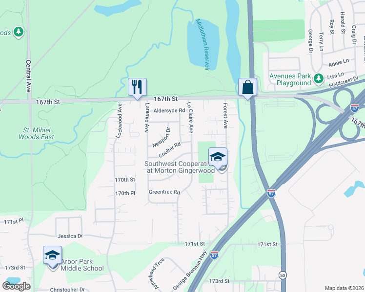 map of restaurants, bars, coffee shops, grocery stores, and more near 16824 Meadowdale Drive in Oak Forest