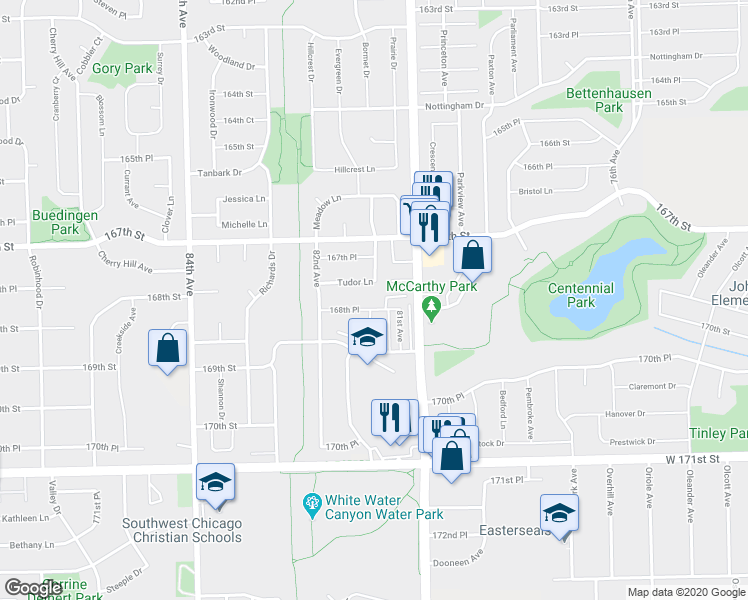 map of restaurants, bars, coffee shops, grocery stores, and more near 16737 Tudor Lane in Tinley Park