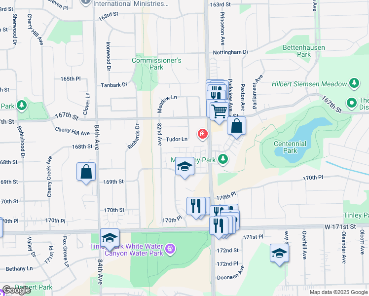 map of restaurants, bars, coffee shops, grocery stores, and more near 8106 Tudor Lane in Tinley Park