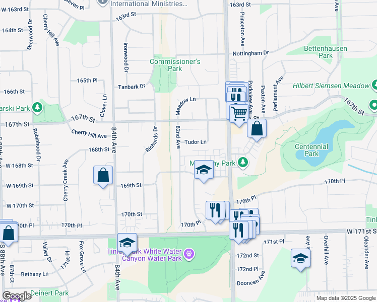 map of restaurants, bars, coffee shops, grocery stores, and more near 8106 Tudor Lane in Tinley Park
