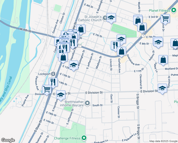 map of restaurants, bars, coffee shops, grocery stores, and more near 1107 South Jefferson Street in Lockport