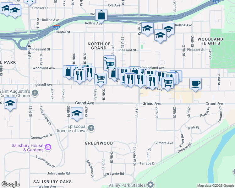 map of restaurants, bars, coffee shops, grocery stores, and more near 3404 Ingersoll Avenue in Des Moines