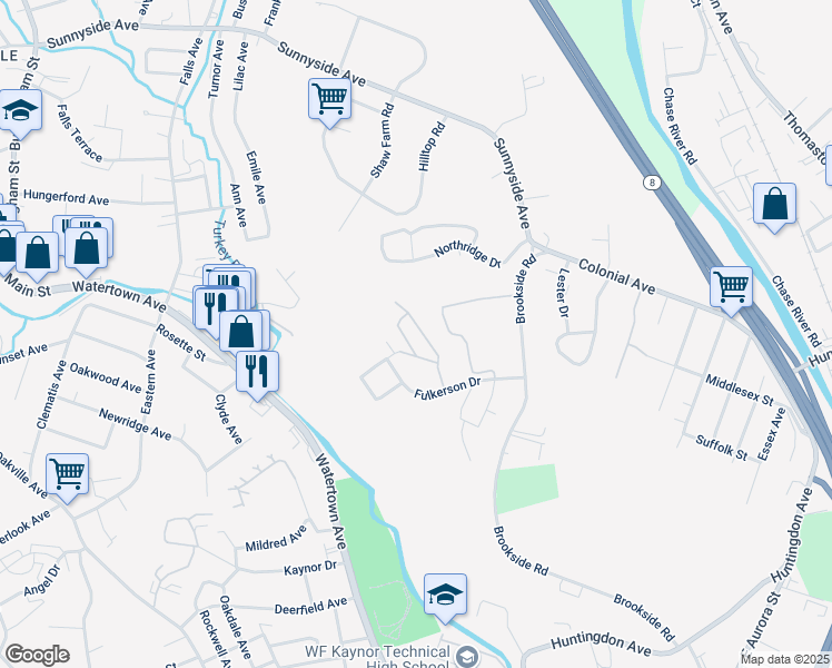 map of restaurants, bars, coffee shops, grocery stores, and more near 43 Fulkerson Drive in Waterbury