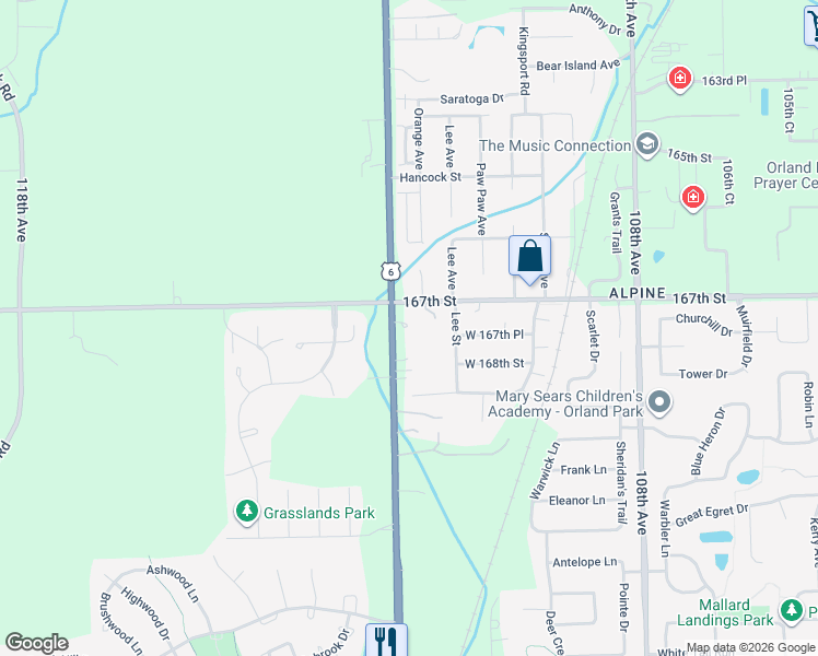 map of restaurants, bars, coffee shops, grocery stores, and more near 11150 West 167th Street in Orland Park
