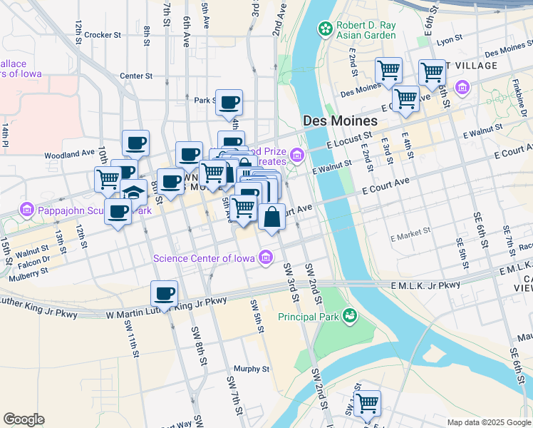 map of restaurants, bars, coffee shops, grocery stores, and more near 307 Court Avenue in Des Moines