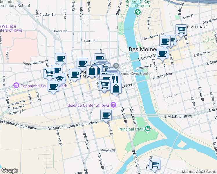 map of restaurants, bars, coffee shops, grocery stores, and more near 209 4th Street in Des Moines