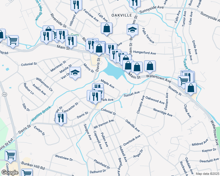 map of restaurants, bars, coffee shops, grocery stores, and more near 55 Maple Avenue in Watertown