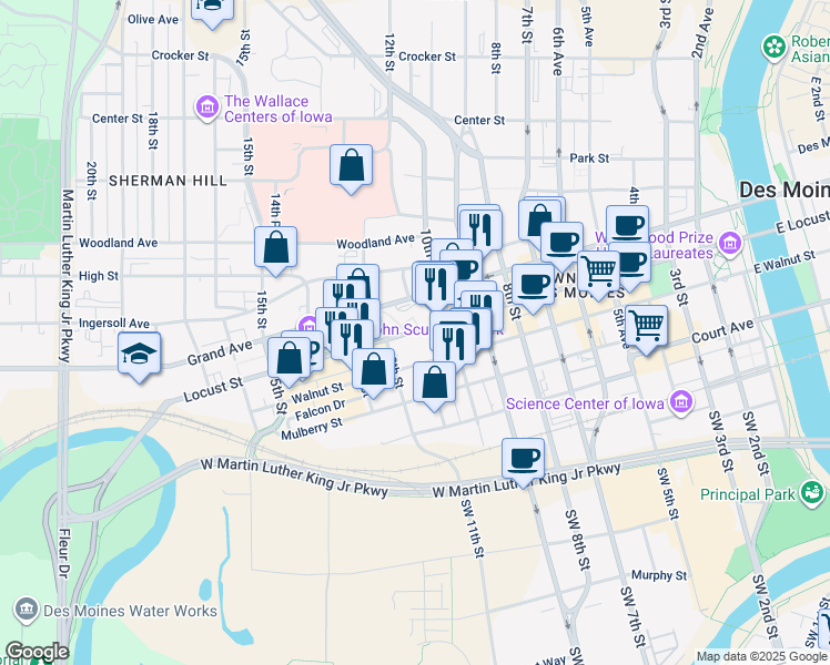 map of restaurants, bars, coffee shops, grocery stores, and more near 1100 Grand Avenue in Des Moines
