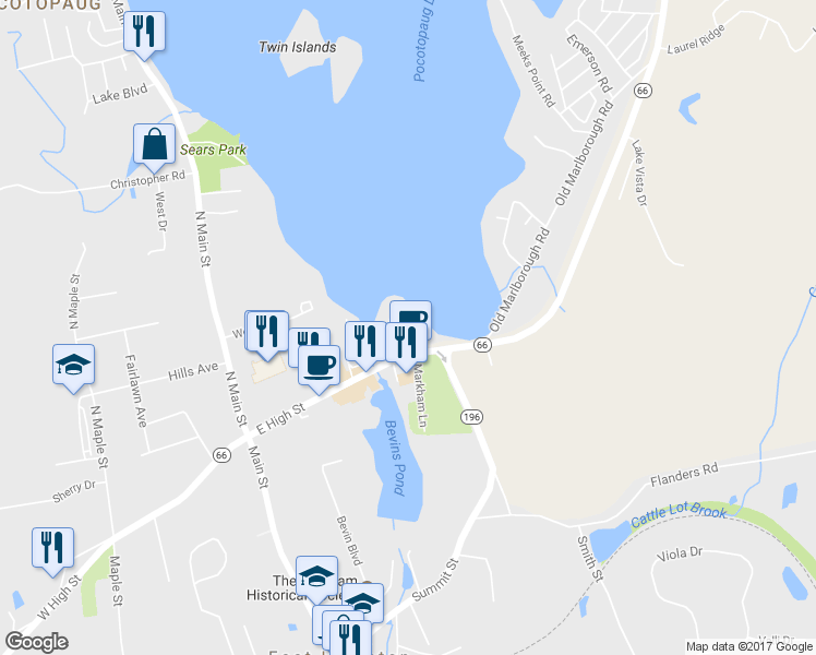 map of restaurants, bars, coffee shops, grocery stores, and more near 8 West Point Road in East Hampton