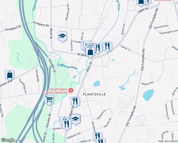 map of restaurants, bars, coffee shops, grocery stores, and more near 831 South Main Street in Southington