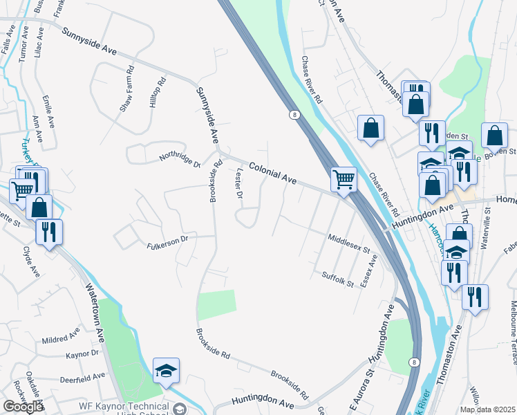 map of restaurants, bars, coffee shops, grocery stores, and more near 99 Dorchester Avenue in Waterbury