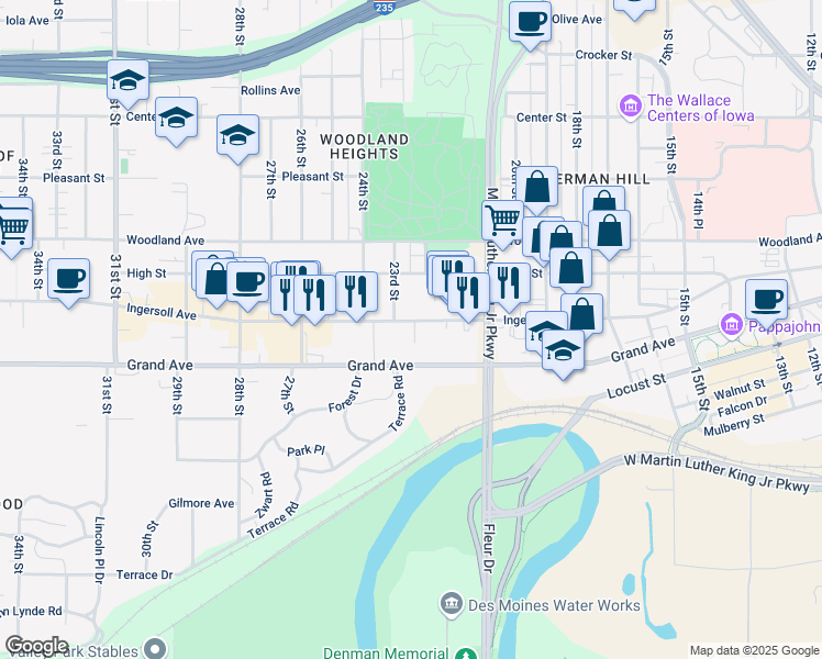 map of restaurants, bars, coffee shops, grocery stores, and more near 2219 Ingersoll Avenue in Des Moines