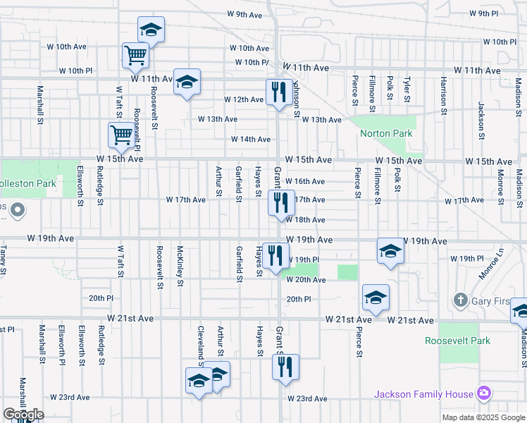 map of restaurants, bars, coffee shops, grocery stores, and more near 1601-1699 West 17th Avenue in Gary