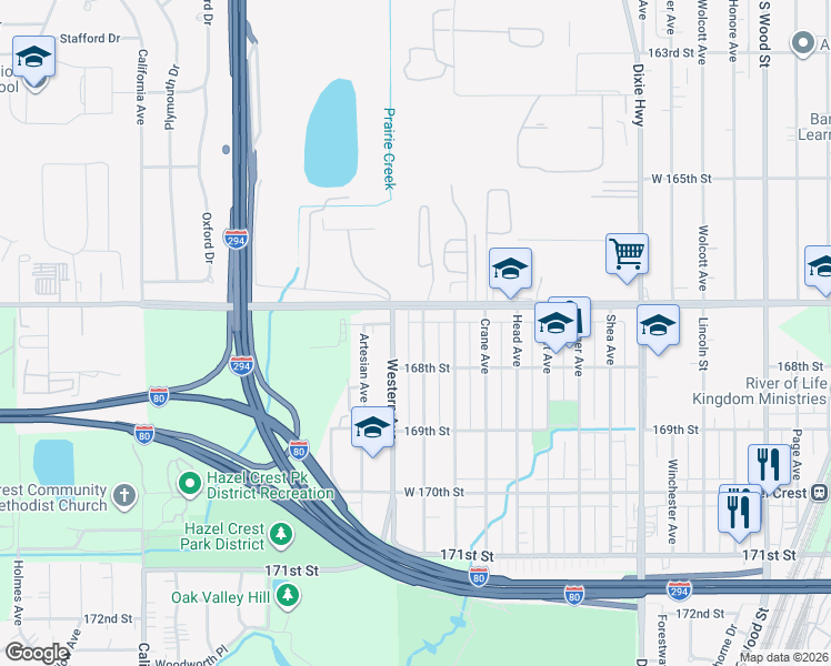 map of restaurants, bars, coffee shops, grocery stores, and more near 16703 Western Avenue in Hazel Crest