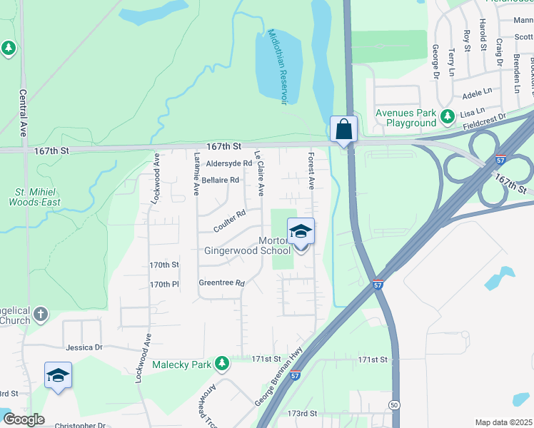 map of restaurants, bars, coffee shops, grocery stores, and more near 16825 Le Claire Avenue in Oak Forest