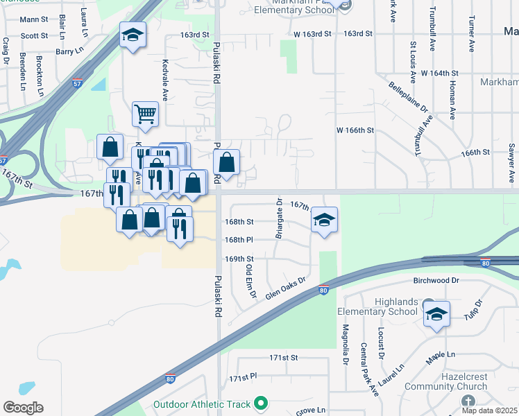 map of restaurants, bars, coffee shops, grocery stores, and more near 3861 167th Place in Country Club Hills