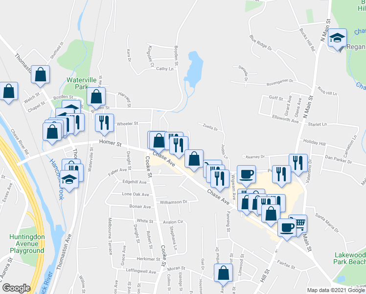 map of restaurants, bars, coffee shops, grocery stores, and more near 418 Perkins Avenue in Waterbury