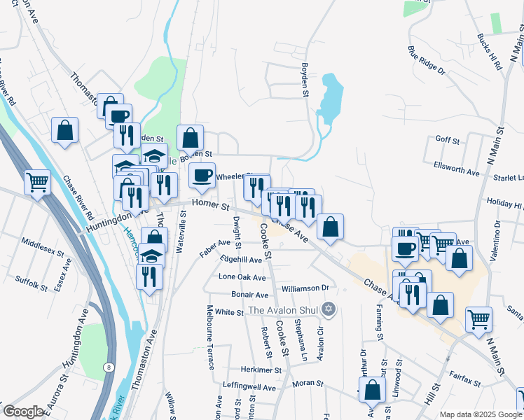 map of restaurants, bars, coffee shops, grocery stores, and more near 1035 Cooke Street in Waterbury