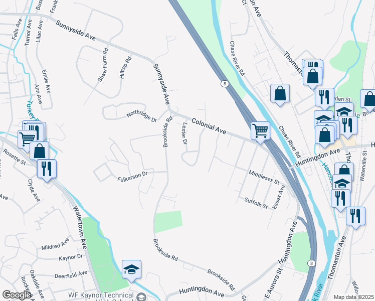 map of restaurants, bars, coffee shops, grocery stores, and more near 53-99 Dorchester Avenue in Waterbury