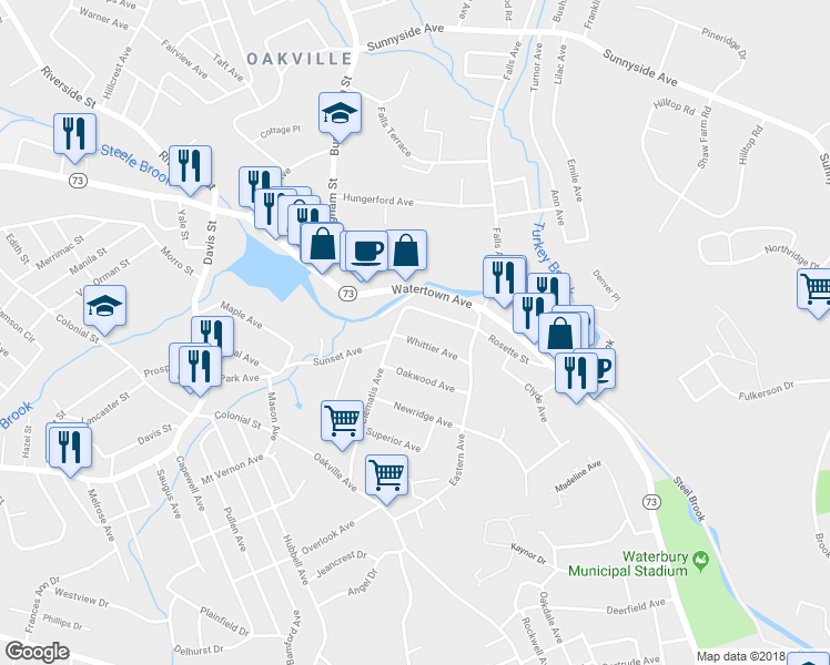 map of restaurants, bars, coffee shops, grocery stores, and more near 14 Clematis Avenue in Waterbury