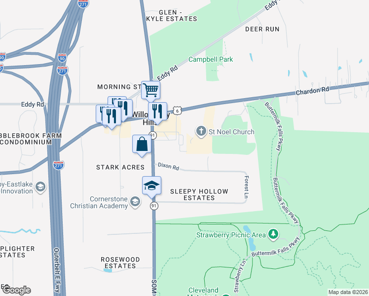 map of restaurants, bars, coffee shops, grocery stores, and more near 35200 Chardon Road in Willoughby Hills