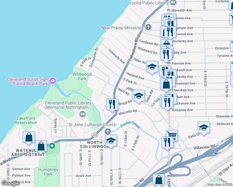 map of restaurants, bars, coffee shops, grocery stores, and more near in Cleveland