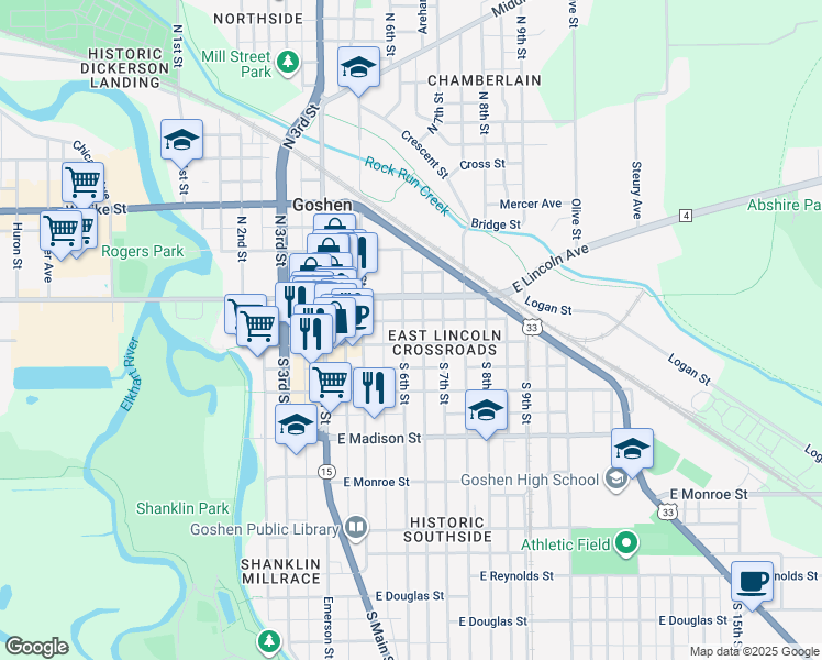 map of restaurants, bars, coffee shops, grocery stores, and more near 109 South 6th Street in Goshen