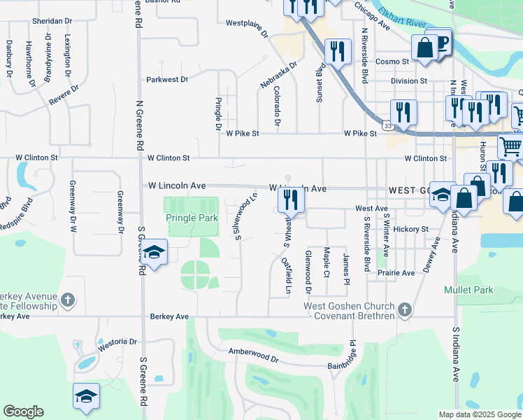 map of restaurants, bars, coffee shops, grocery stores, and more near 1738 West Lincoln Avenue in Goshen