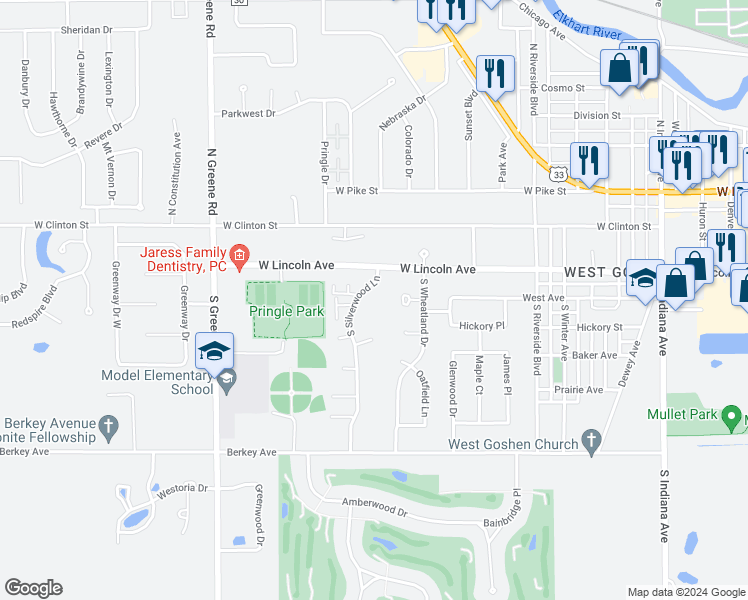 map of restaurants, bars, coffee shops, grocery stores, and more near 1738 West Lincoln Avenue in Goshen