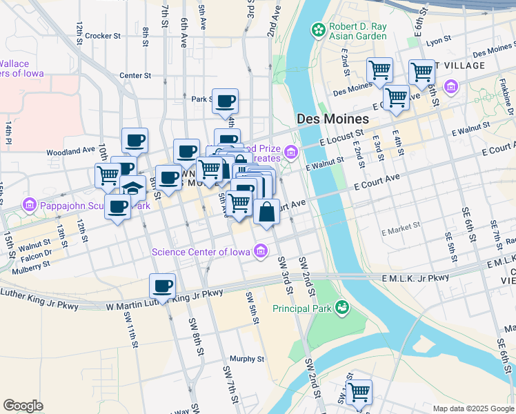 map of restaurants, bars, coffee shops, grocery stores, and more near 216 3rd Street in Des Moines