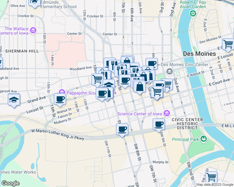 map of restaurants, bars, coffee shops, grocery stores, and more near 317 8th Street in Des Moines