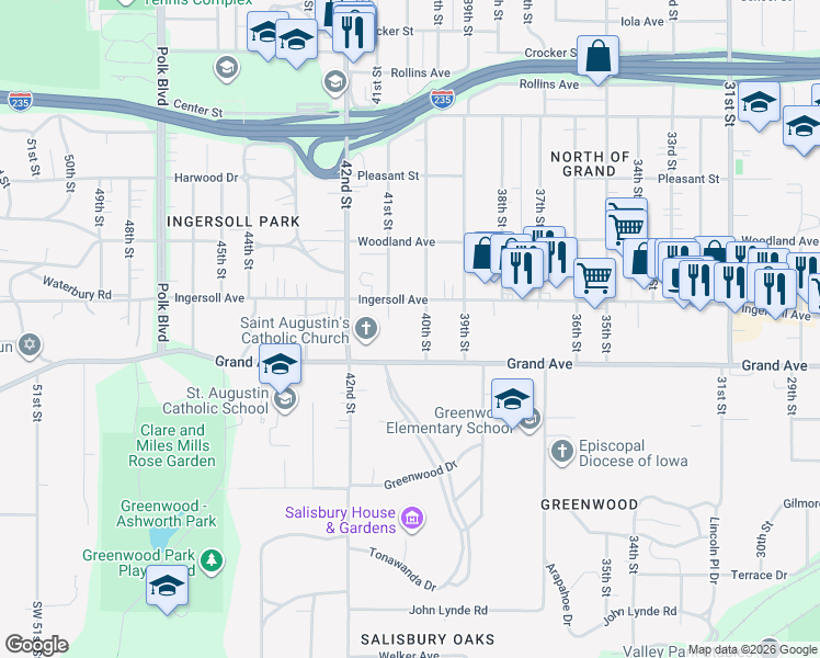 map of restaurants, bars, coffee shops, grocery stores, and more near in Des Moines