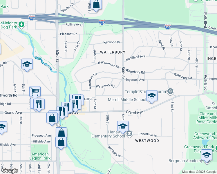 map of restaurants, bars, coffee shops, grocery stores, and more near 5701 Waterbury Road in Des Moines