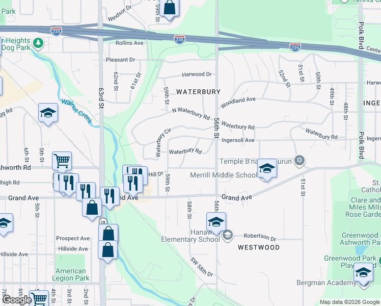 map of restaurants, bars, coffee shops, grocery stores, and more near 5701 Waterbury Road in Des Moines