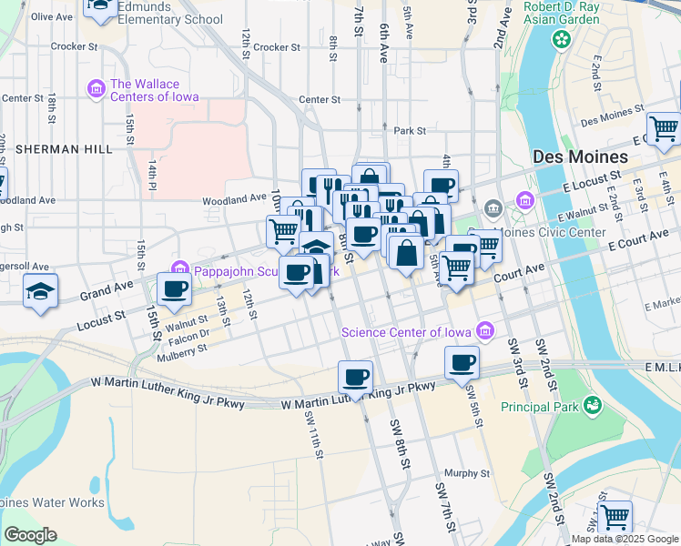 map of restaurants, bars, coffee shops, grocery stores, and more near 801 Walnut Street in Des Moines